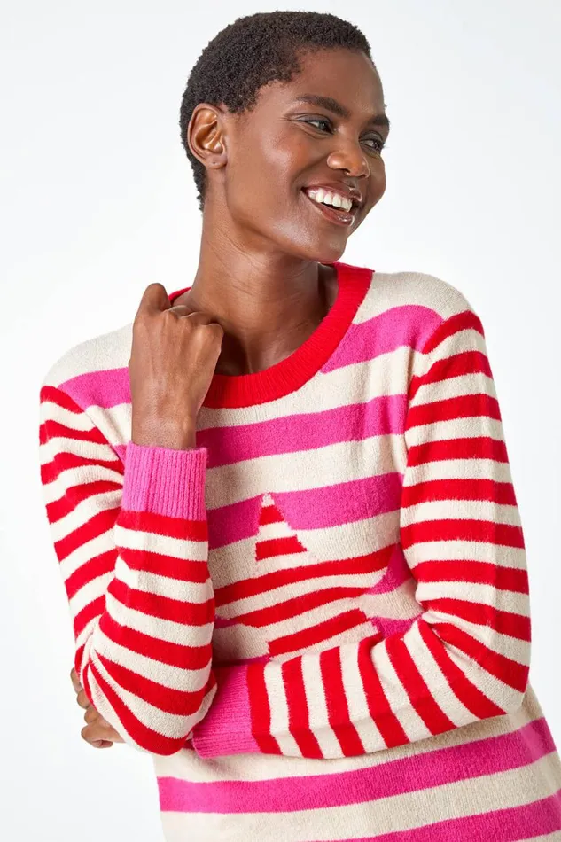 Women Red Stripe Star Print Stretch Jumper Roman Knitwear