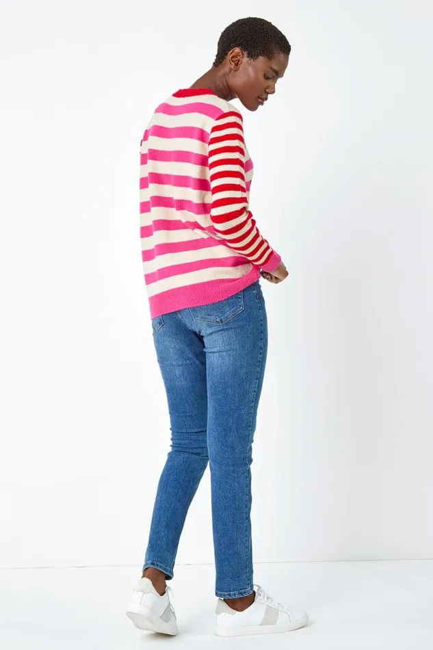Women Red Stripe Star Print Stretch Jumper Roman Knitwear