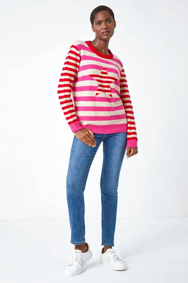 Women Red Stripe Star Print Stretch Jumper Roman Knitwear