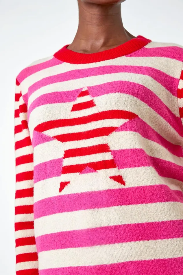 Women Red Stripe Star Print Stretch Jumper Roman Knitwear