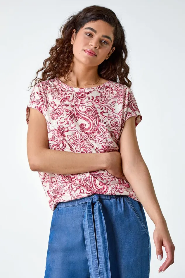 Women Red Textured Paisley Cocoon Top Roman Tops