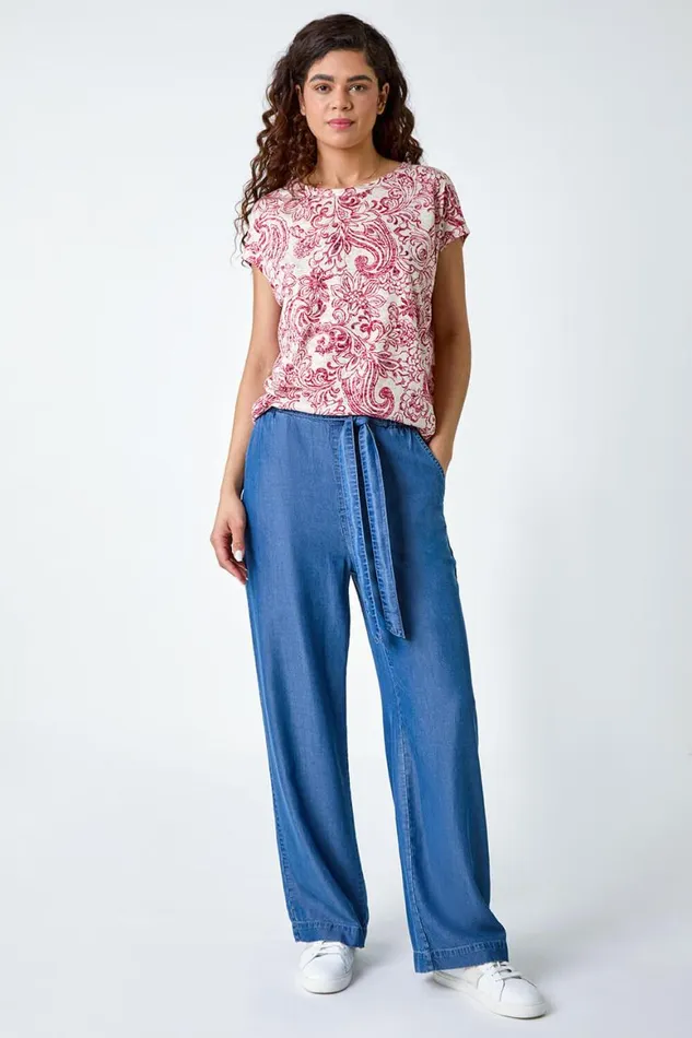 Women Red Textured Paisley Cocoon Top Roman Tops