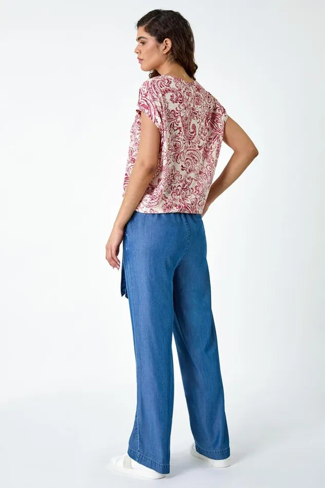 Women Red Textured Paisley Cocoon Top Roman Tops