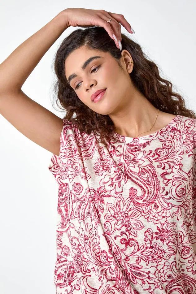 Women Red Textured Paisley Cocoon Top Roman Tops