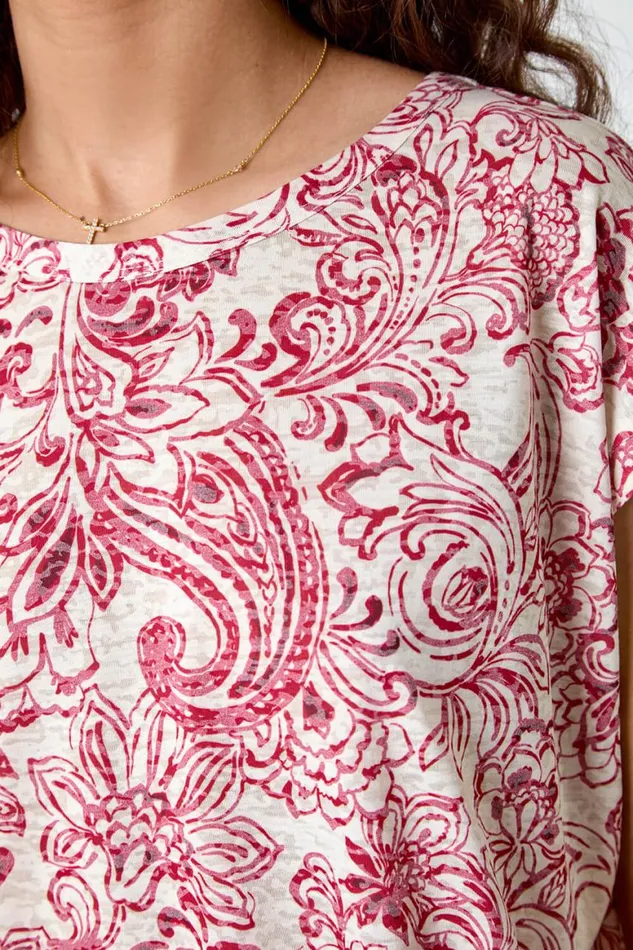 Women Red Textured Paisley Cocoon Top Roman Tops