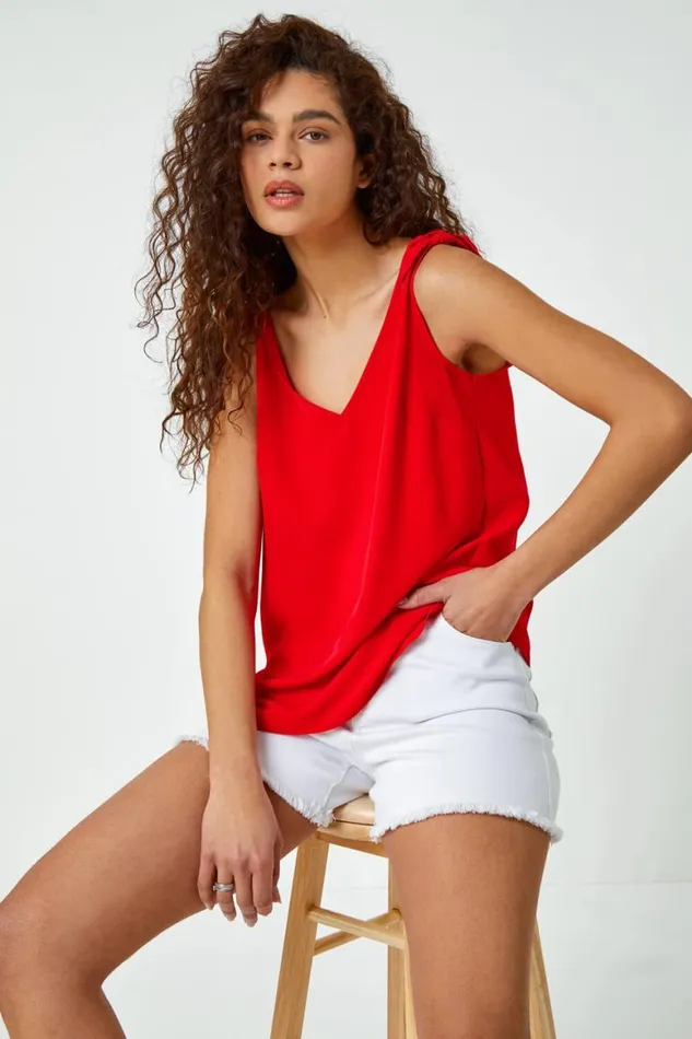 Women Red Tie Detail Strap VNeck Cami Top Roman Tops