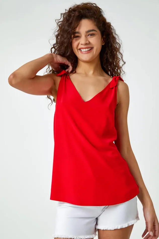 Women Red Tie Detail Strap VNeck Cami Top Roman Tops