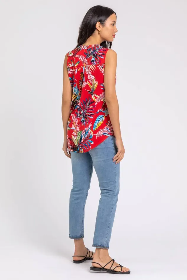 Women Red Tropical Print VNeck Stretch Jersey Top Roman Tops