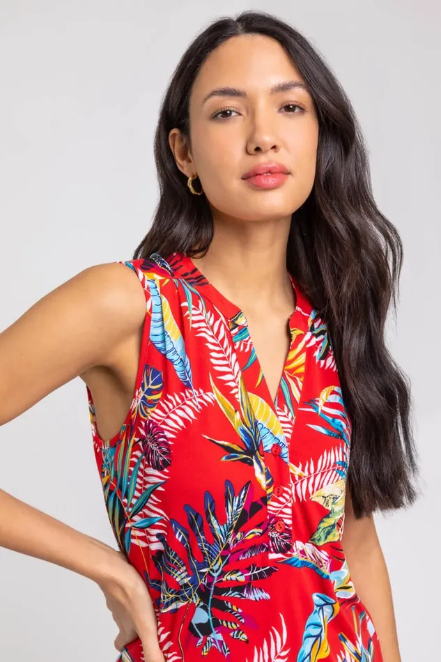 Women Red Tropical Print VNeck Stretch Jersey Top Roman Tops