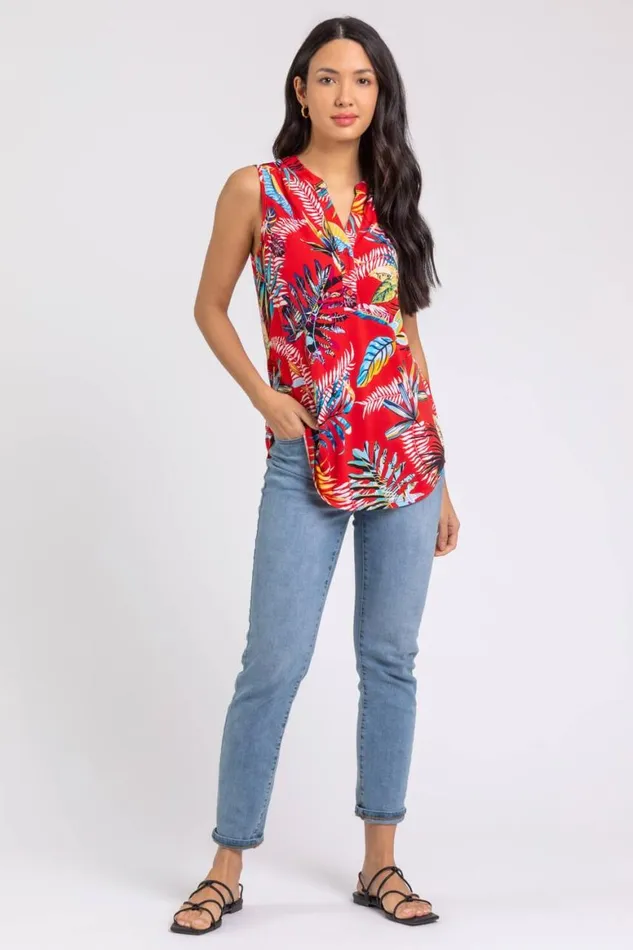 Women Red Tropical Print VNeck Stretch Jersey Top Roman Tops