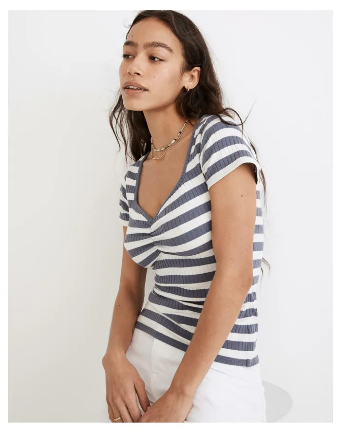 Women Ribbed Sweetheart Tee In Stripe Sunfaded Indigo Madewell Tops and Shirts