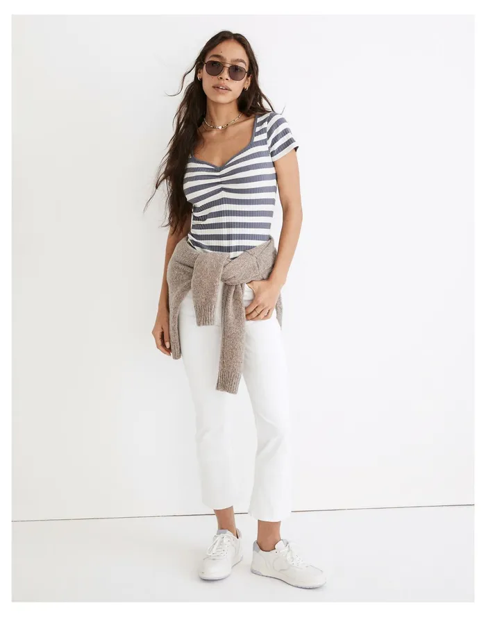 Women Ribbed Sweetheart Tee In Stripe Sunfaded Indigo Madewell Tops and Shirts Women Ribbed Sweetheart Tee In Stripe Sunfaded Indigo Madewell Tops and Shirts