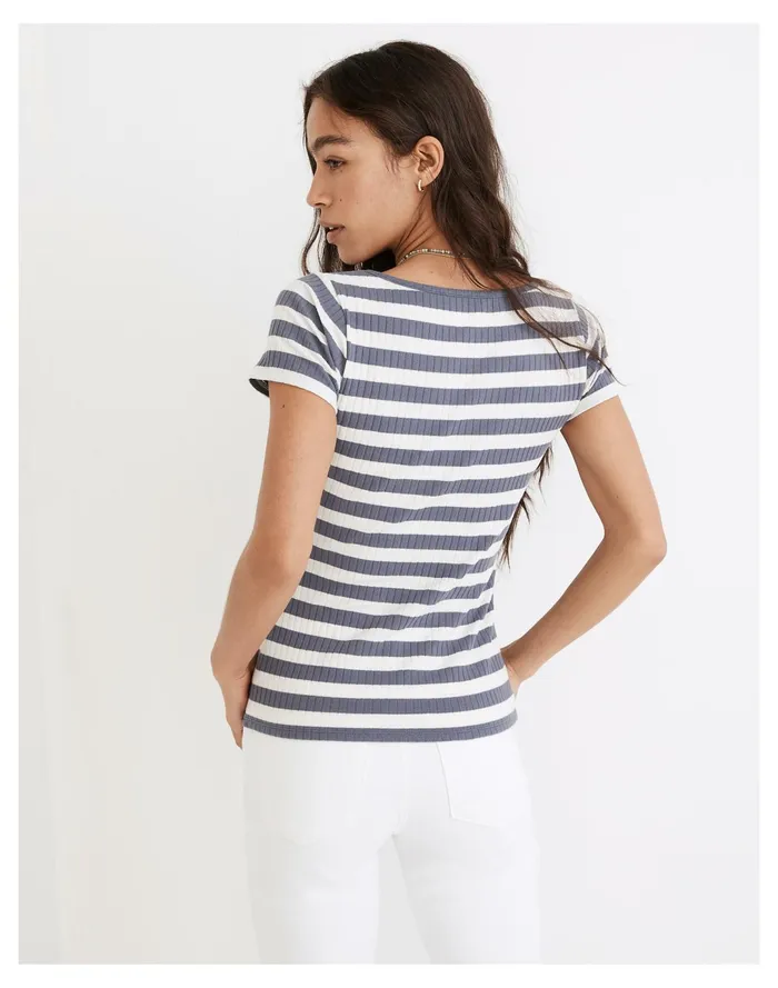 Women Ribbed Sweetheart Tee In Stripe Sunfaded Indigo Madewell Tops and Shirts Women Ribbed Sweetheart Tee In Stripe Sunfaded Indigo Madewell Tops and Shirts