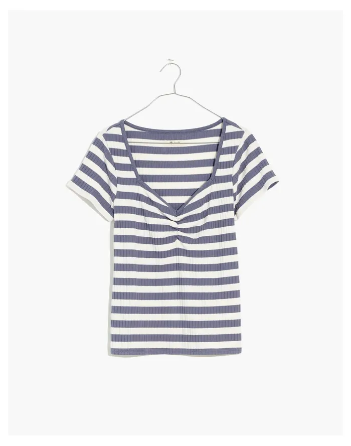 Women Ribbed Sweetheart Tee In Stripe Sunfaded Indigo Madewell Tops and Shirts Women Ribbed Sweetheart Tee In Stripe Sunfaded Indigo Madewell Tops and Shirts