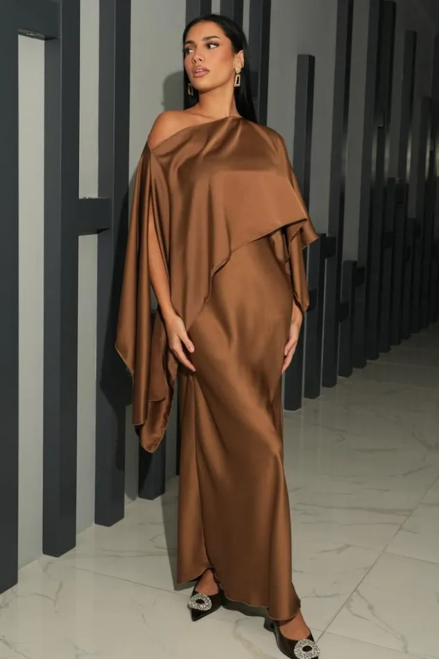 Women Robe 2 Pices Bustier Poncho Satin Marron Brown Brentiny Paris Ceremonial Outfits