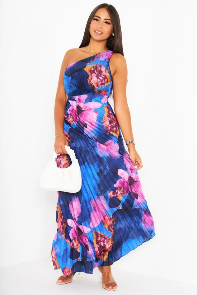 Women Robe Bleue One Shoulder Plisses Et Fleurie Blue Brentiny Paris Short Dresses