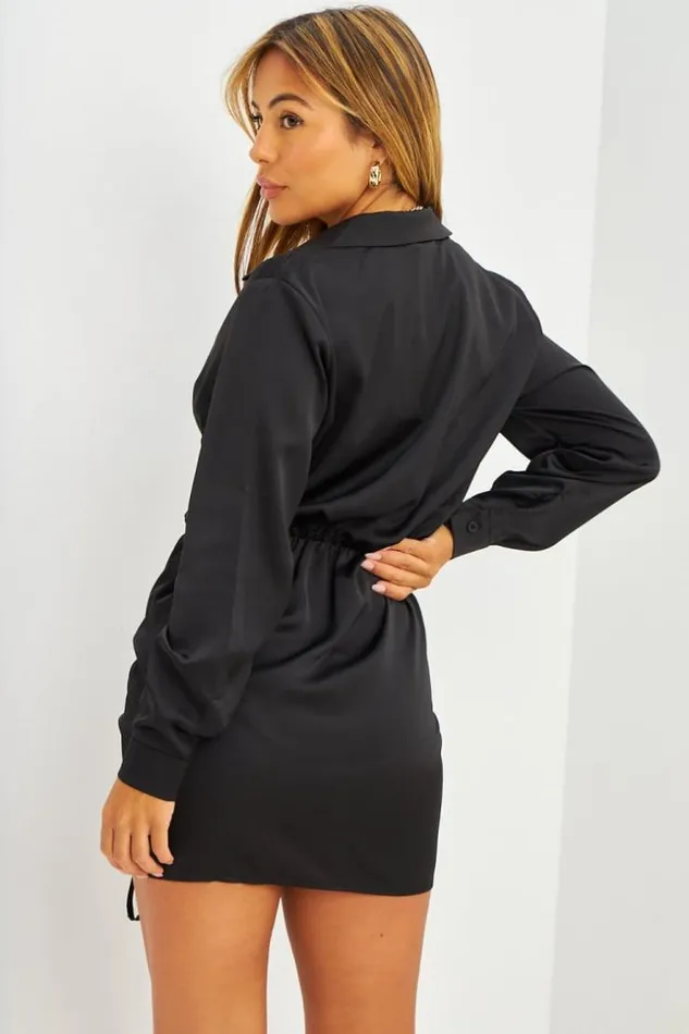 Women Robe Courte Bleue Satine Et Fronce Black Brentiny Paris Satin Dresses
