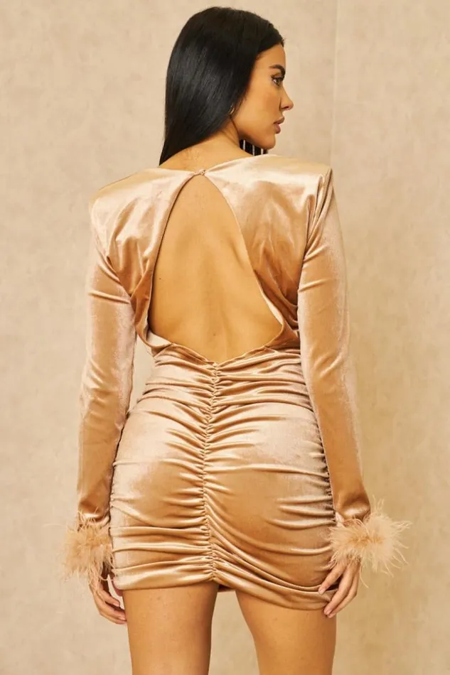 Women Robe Courte En Velours Beige Plumes Aux Poignets Beige Brentiny Paris Ceremonial Outfits Women Robe Courte En Velours Beige Plumes Aux Poignets Beige Brentiny Paris Ceremonial Outfits
