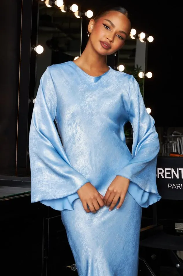 Women Robe Longue Bleu Ciel Satine Et Paillete Bleuclair Brentiny Paris Short Dresses Women Robe Longue Bleu Ciel Satine Et Paillete Bleuclair Brentiny Paris Short Dresses