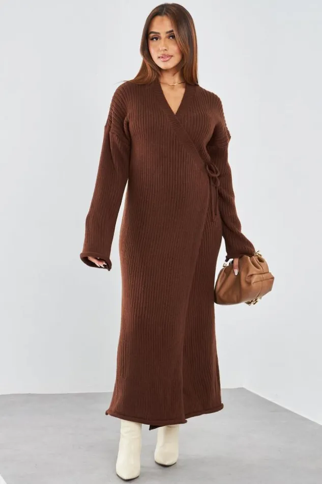 Women Robe Longue En Maille Marron Croise Brown Brentiny Paris Short Dresses