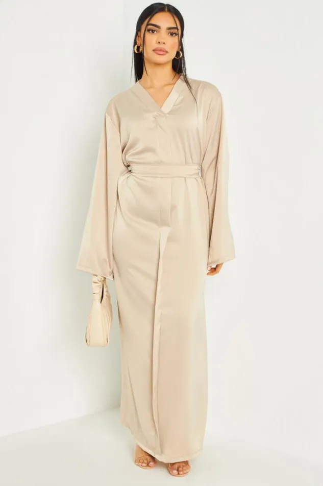 Women Robe Longue Satine Ceinture Beige Beige Brentiny Paris Satin Dresses