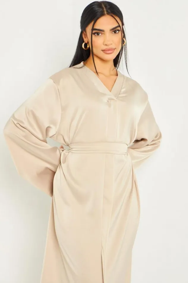 Women Robe Longue Satine Ceinture Beige Beige Brentiny Paris Satin Dresses