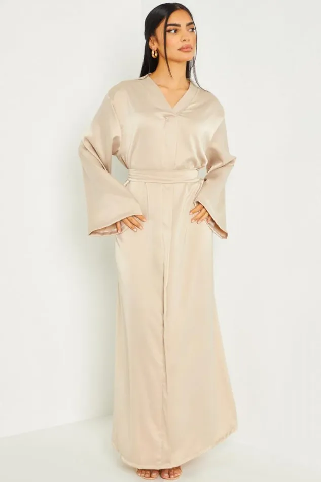 Women Robe Longue Satine Ceinture Beige Beige Brentiny Paris Satin Dresses
