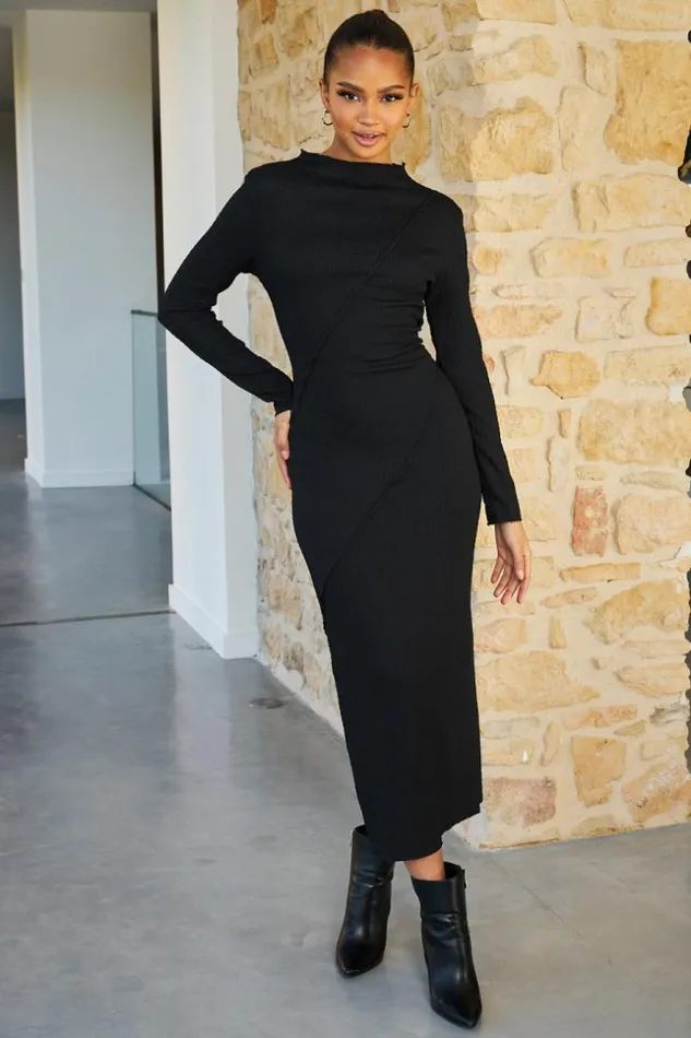 Women Robe Longue Texture Noire Black Brentiny Paris Short Dresses