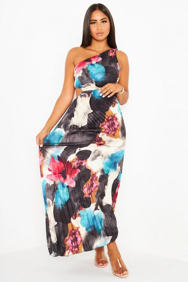Women Robe Noire One Shoulder Plisses Et Fleurie Black Brentiny Paris Short Dresses