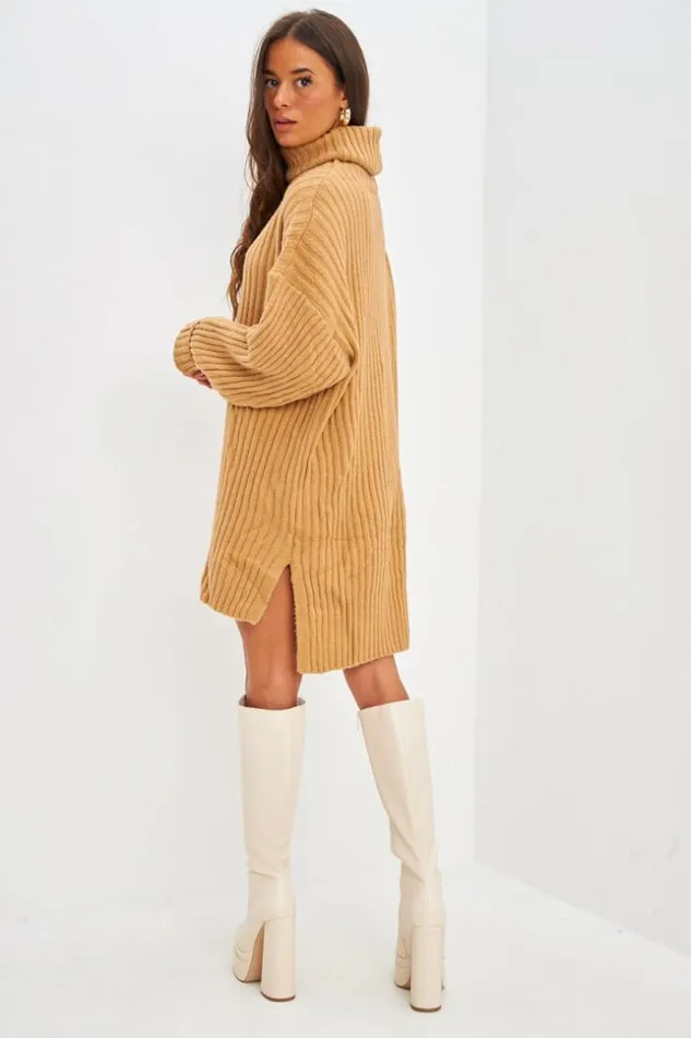 Women Robe Pull Courte En Maille Camel Col Roul Camel Brentiny Paris Short Dresses