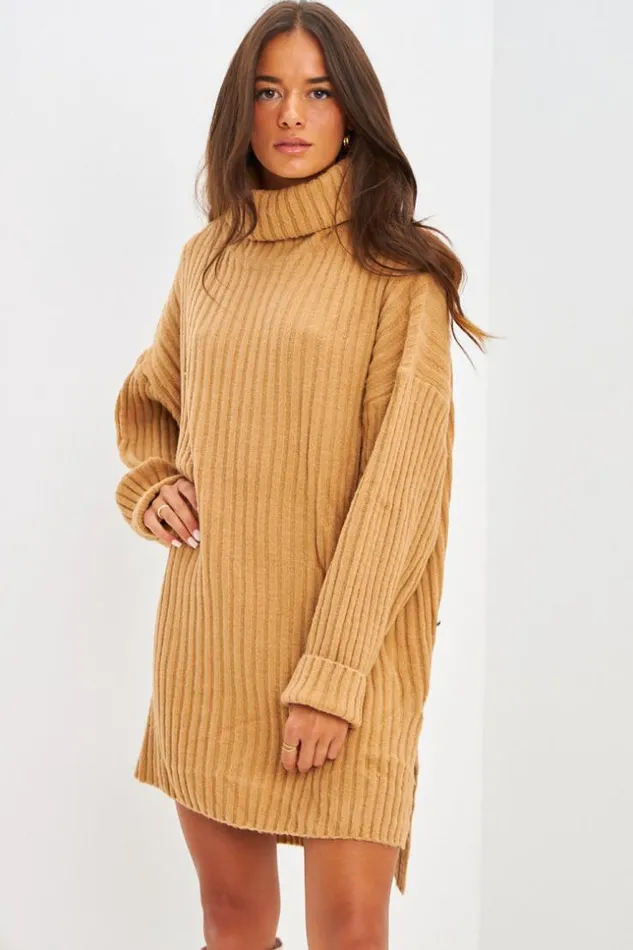 Women Robe Pull Courte En Maille Camel Col Roul Camel Brentiny Paris Short Dresses