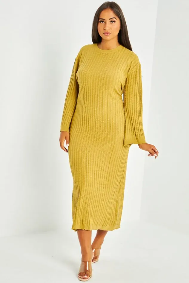 Women Robe Pull Moutarde Torsade Mustard Brentiny Paris Short Dresses