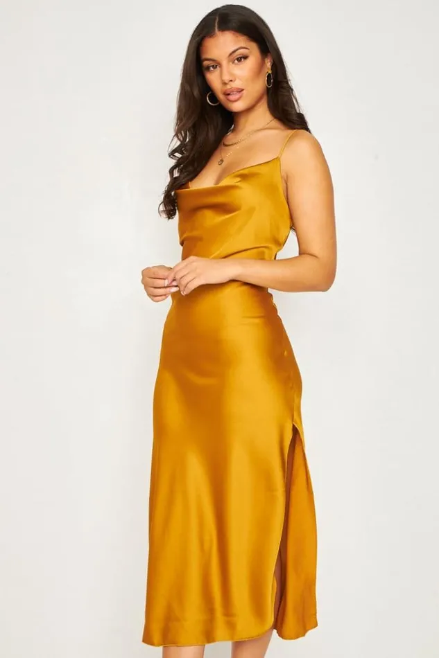 Women Robe Satine Ocre Col Bnitier Yellow Brentiny Paris Satin Dresses