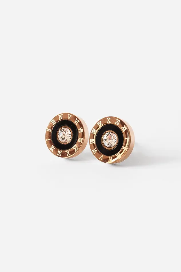 Women Rose Gold Diamante Clock Earrings Roman Jewellery