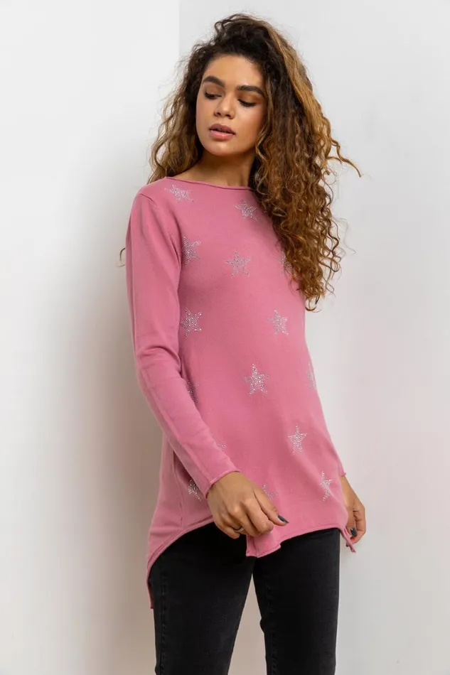 Women Rose Star Print Knitted Tunic With Tassel Scarf Roman Knitwear
