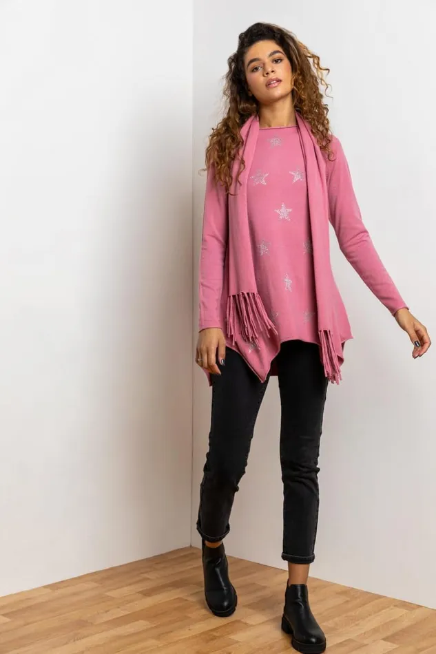 Women Rose Star Print Knitted Tunic With Tassel Scarf Roman Knitwear
