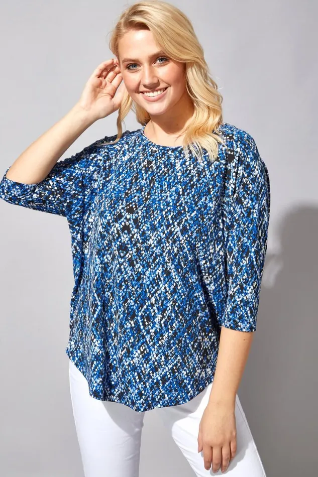 Women Royal Blue Animal Print 34 Sleeve Top Roman Tops