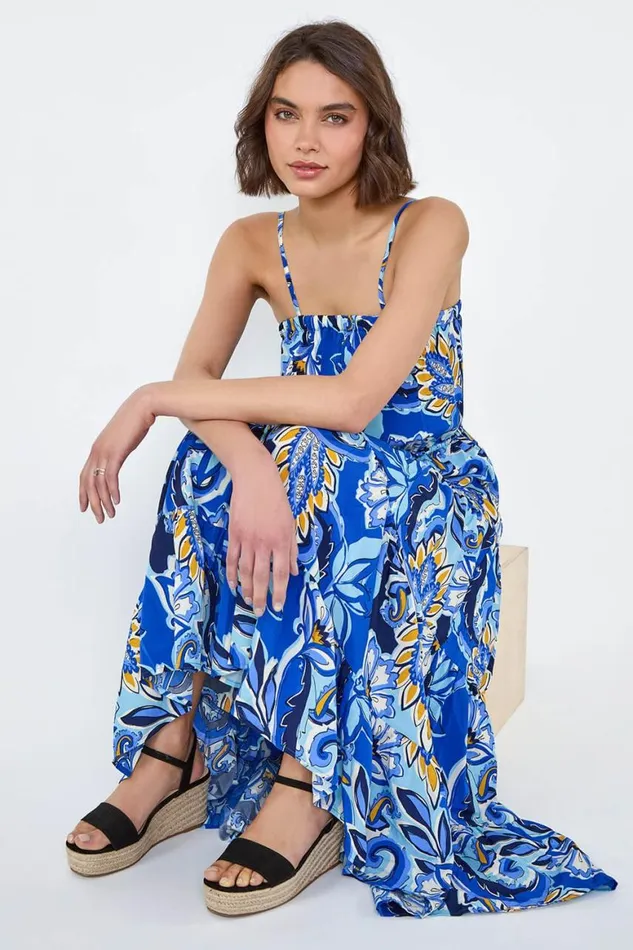 Women Royal Blue Baroque Print Tiered Midi Dress Roman Dresses