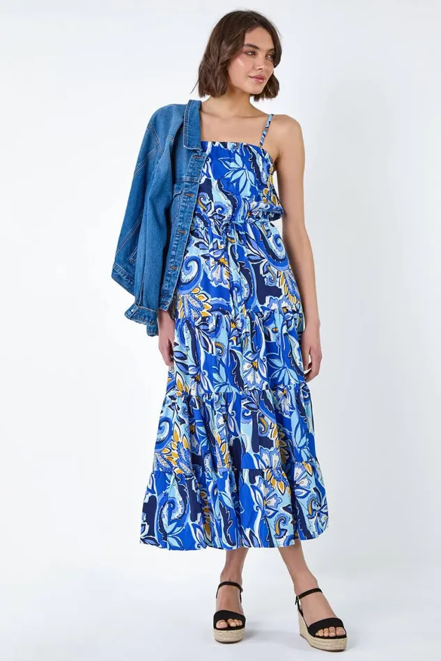 Women Royal Blue Baroque Print Tiered Midi Dress Roman Dresses