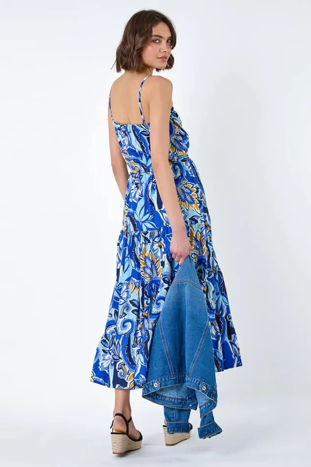 Women Royal Blue Baroque Print Tiered Midi Dress Roman Dresses