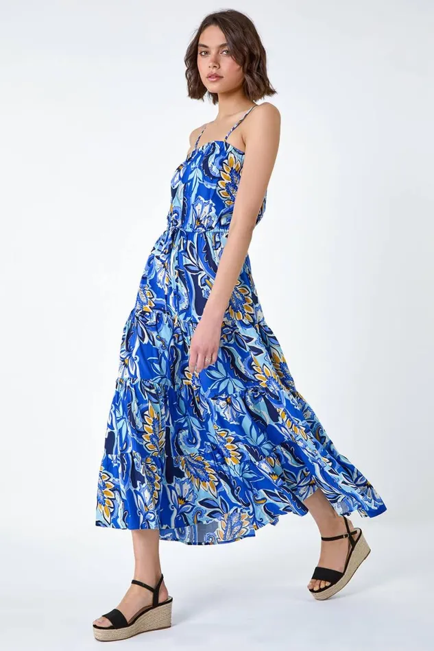 Women Royal Blue Baroque Print Tiered Midi Dress Roman Dresses