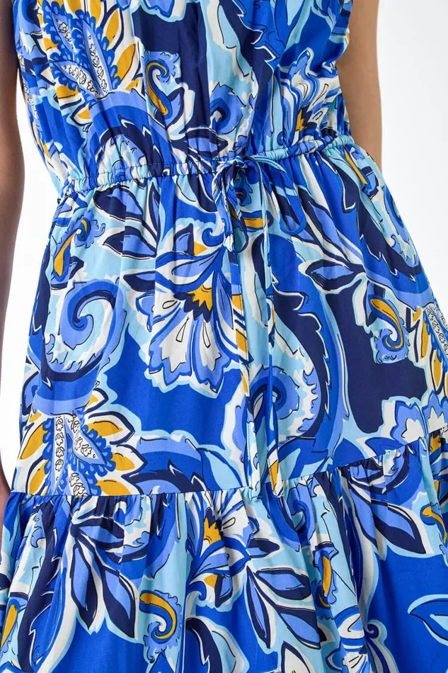 Women Royal Blue Baroque Print Tiered Midi Dress Roman Dresses