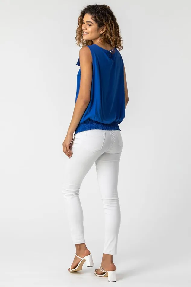 Women Royal Blue Bow Detail Shirred Hem Chiffon Top Roman Tops