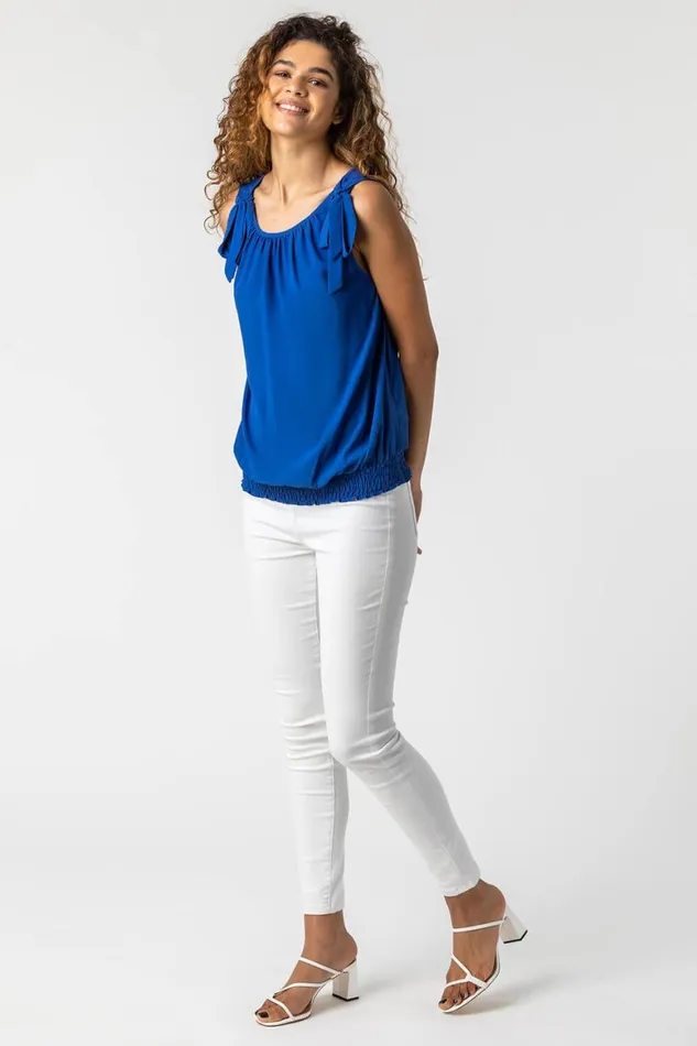 Women Royal Blue Bow Detail Shirred Hem Chiffon Top Roman Tops