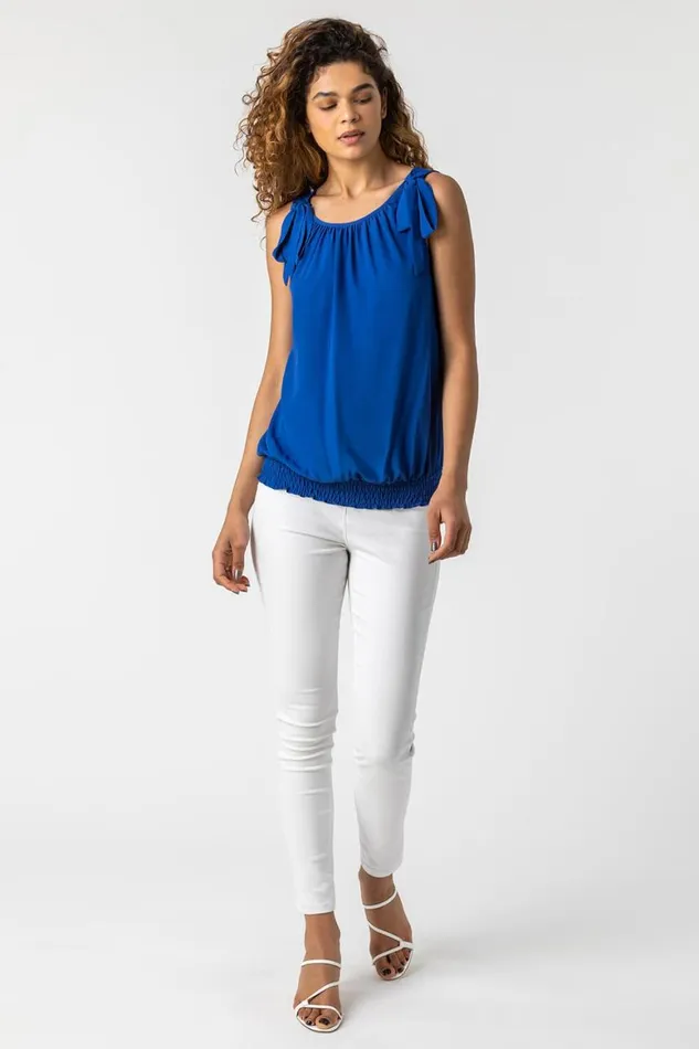 Women Royal Blue Bow Detail Shirred Hem Chiffon Top Roman Tops