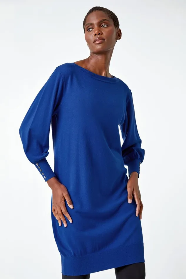 Women Royal Blue Button Detail Knitted Jumper Dress Roman Dresses