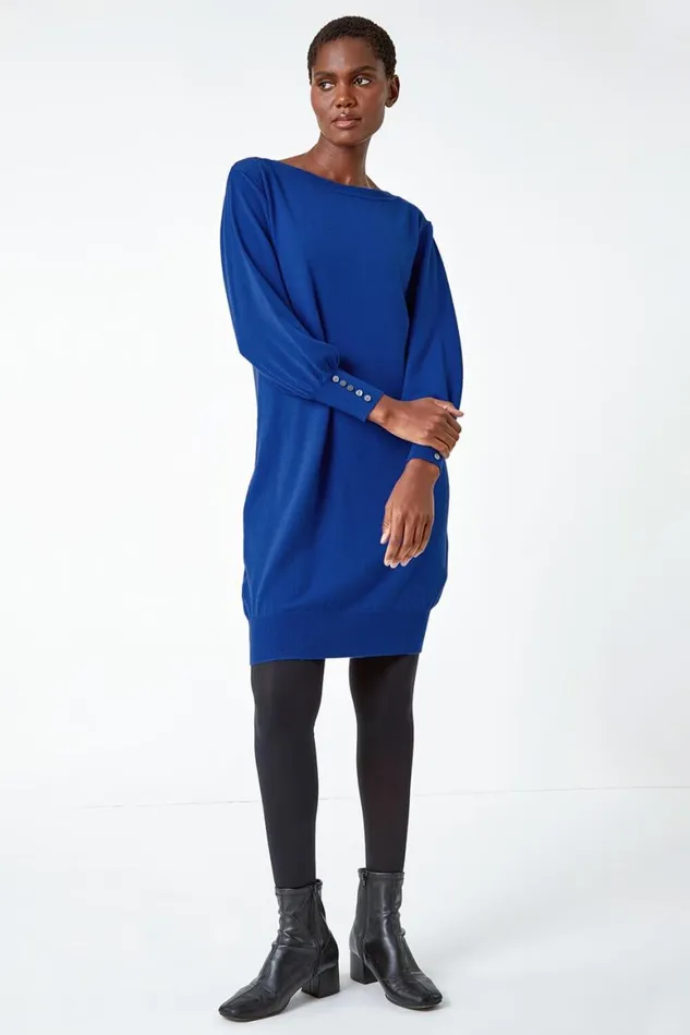 Women Royal Blue Button Detail Knitted Jumper Dress Roman Dresses