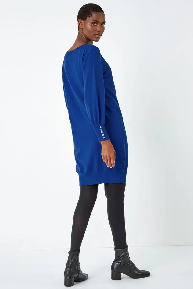 Women Royal Blue Button Detail Knitted Jumper Dress Roman Dresses