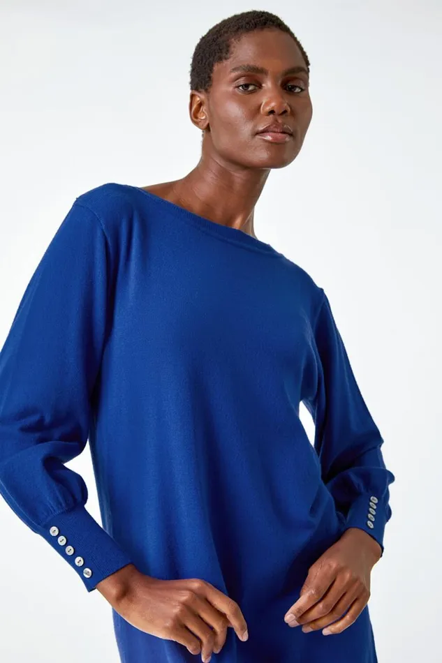 Women Royal Blue Button Detail Knitted Jumper Dress Roman Dresses