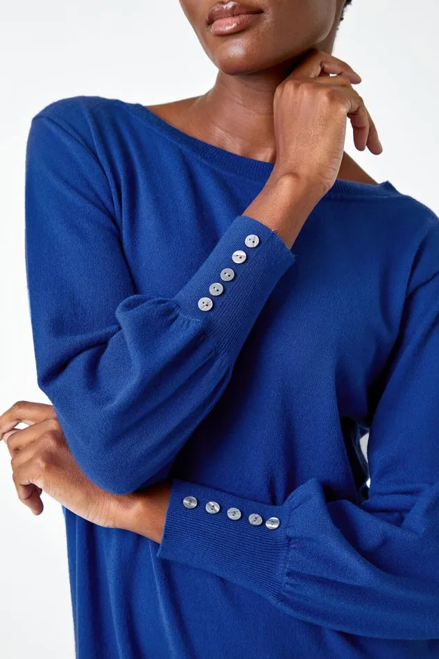 Women Royal Blue Button Detail Knitted Jumper Dress Roman Dresses